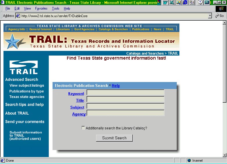 Obr. 9 Formul pro zadvan dotazu sluby TRAIL (Texas Record and Information Locator)