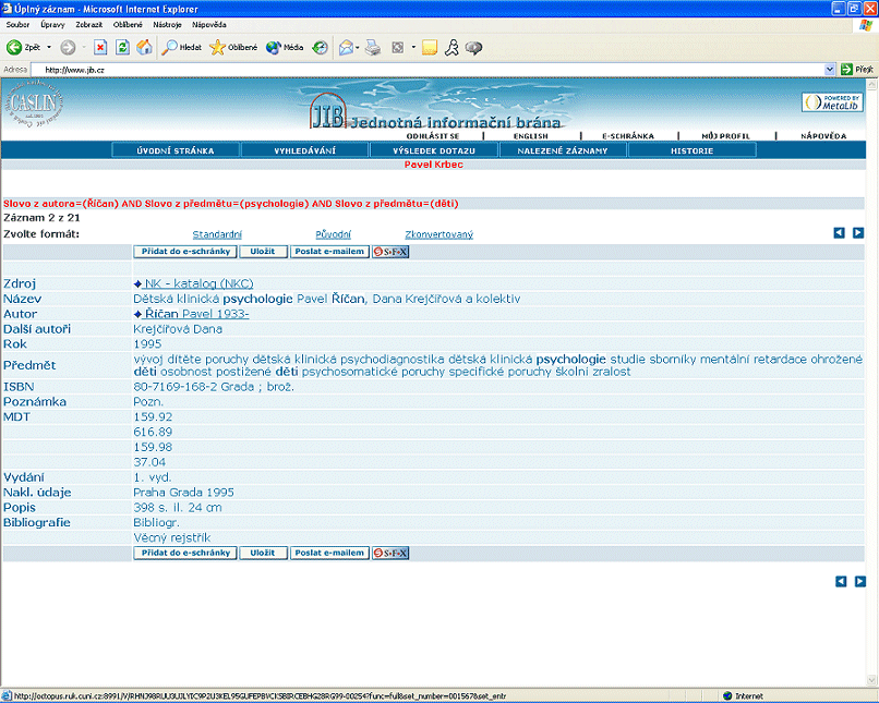 Obrzek: Webov rozhran JIB - zobrazen zznamu