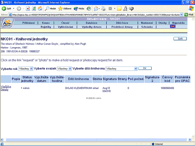 Obrázek: Webové rozhraní ALEPH NK s možností rezervace dokumentu